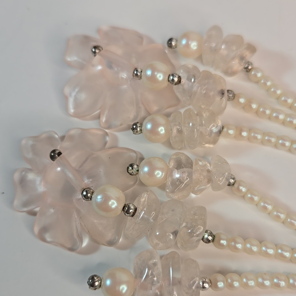 Classic Rose Quartz Stones Pearl Lariat Floral Necklace Earrings Triple Strand - Picture 14 of 15